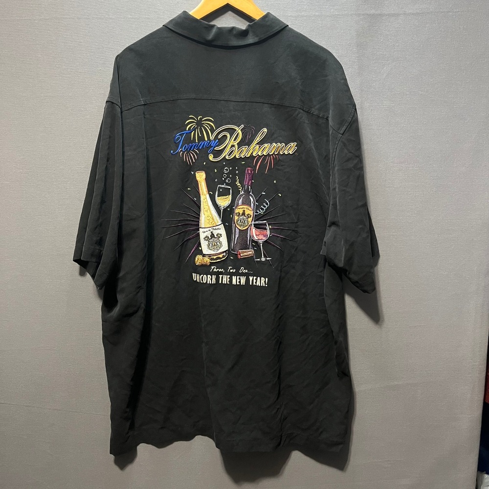 Tommy Bahama Mens XL Silk Uncork The New Year Embroidered Camp Shirt Black
